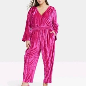NWOT A New Day Velvet Hot Pink Long Sleeve Velour Jumpsuit Plus Size XXL